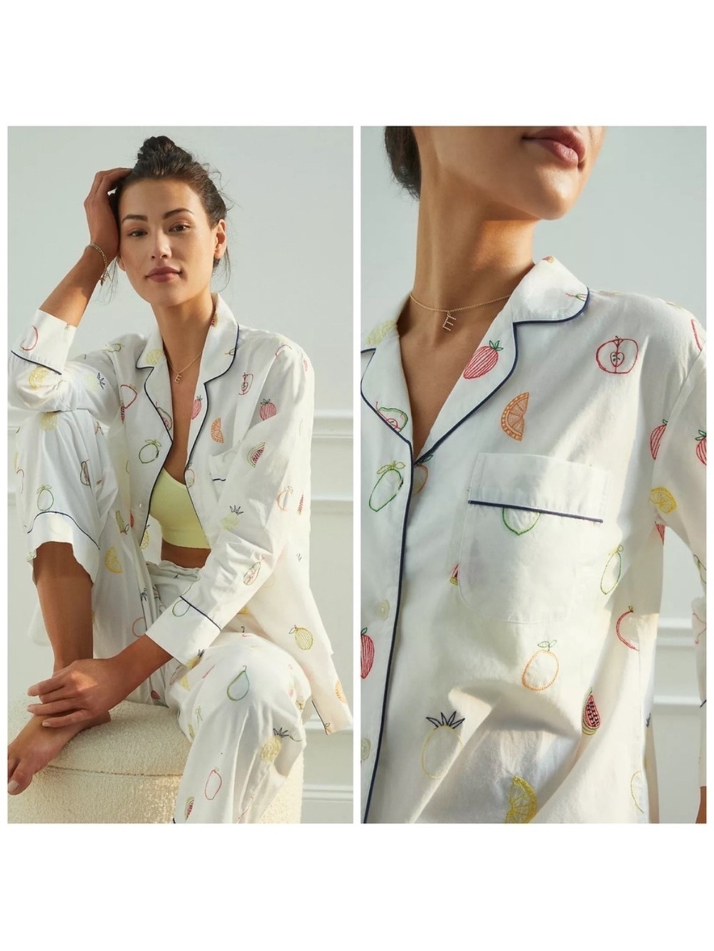 Anthro Print Fresh Fruit Medley Embroidered Pajama Set XXS‎